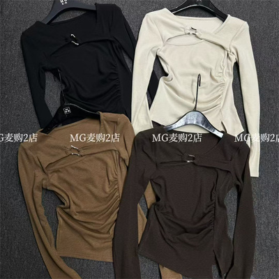 麦购MG正品2025秋冬韩系纯欲不规则开叉褶皱收腰加绒加厚打底衫潮