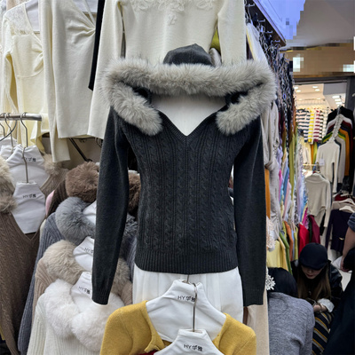 环保大毛领V领连帽麻花修身显瘦针织衫女2025秋冬韩系百搭毛衣潮