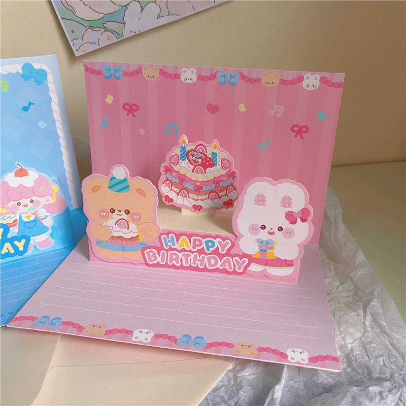 可爱卡通立体生日贺卡祝福语卡片信封happybirthday明信片折叠卡