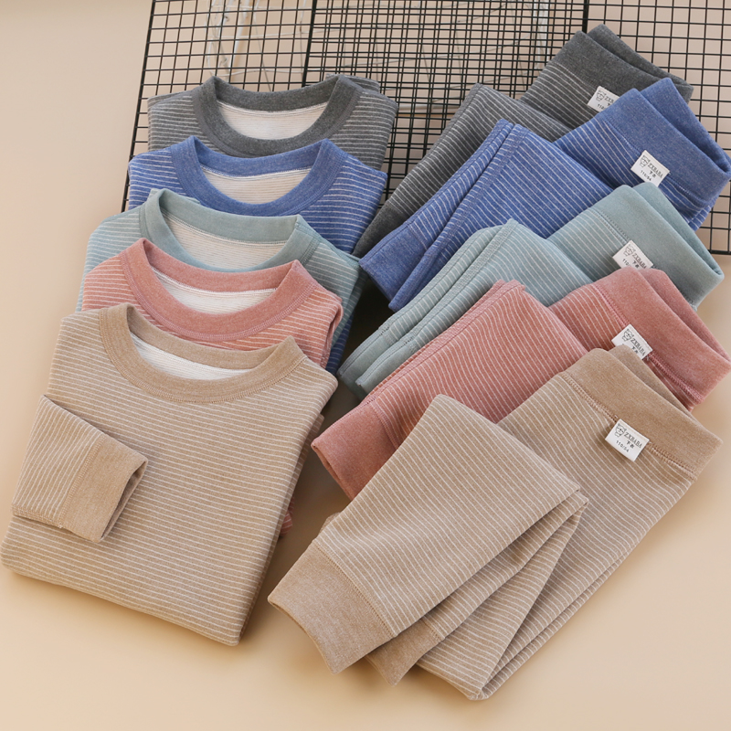 儿童无骨蚕丝羊毛德绒保暖内衣套装冬男女童秋衣秋裤中大童家居服