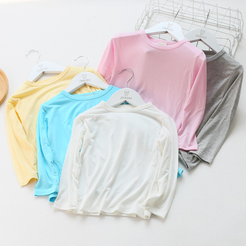 儿童春秋长袖圆领打底衫夏男女童莫代尔薄T恤中大童纯色家居睡衣