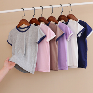儿童夏季撞色短袖T恤衫男童女童半袖莫代尔薄圆领衫宝宝家居睡衣
