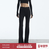 设计感长裤 ourhour 显瘦中腰休闲喇叭裤 女冬季 蕾丝花边 黑色修身