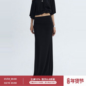 黑色极简无腰设计垂感半身长裙 ourhour 前片抽褶 女夏设计感薄裙