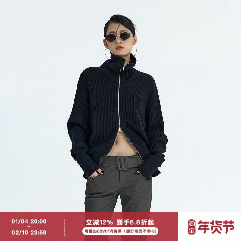 ourhour 修身显瘦 黑色双头银色拉链高领针织开衫 女冬设计感外套