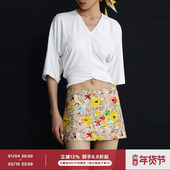 ourhour 女设计感上衣 短袖 腰间扭结 白色黑色V领褶皱露脐蝴蝶袖