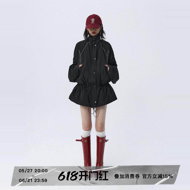 ourhour 反光条撞色 黑色立领抽绳袖收腰宽松风衣 女冬设计感外套