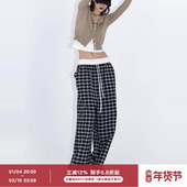 ourhour 女设计感泡泡棉格子裤 撞色格纹 翻边抽绳显瘦宽松阔腿裤