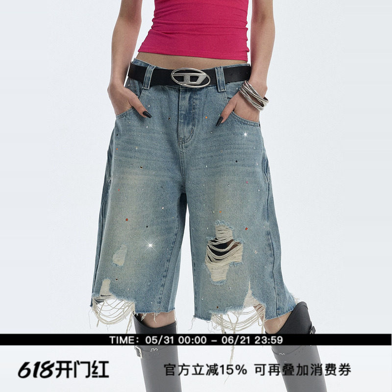 ourhour 满天星烫钻 浅蓝彩色宝石阔腿牛仔中裤 女夏季破洞六分裤