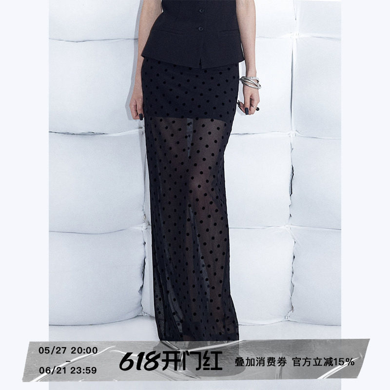 ourhour 植绒波点 黑色轻薄微透网纱长款半身裙 女夏季设计感长裙