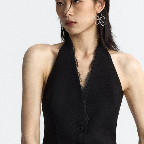 ourhour黑色V领蕾丝边挂脖马甲