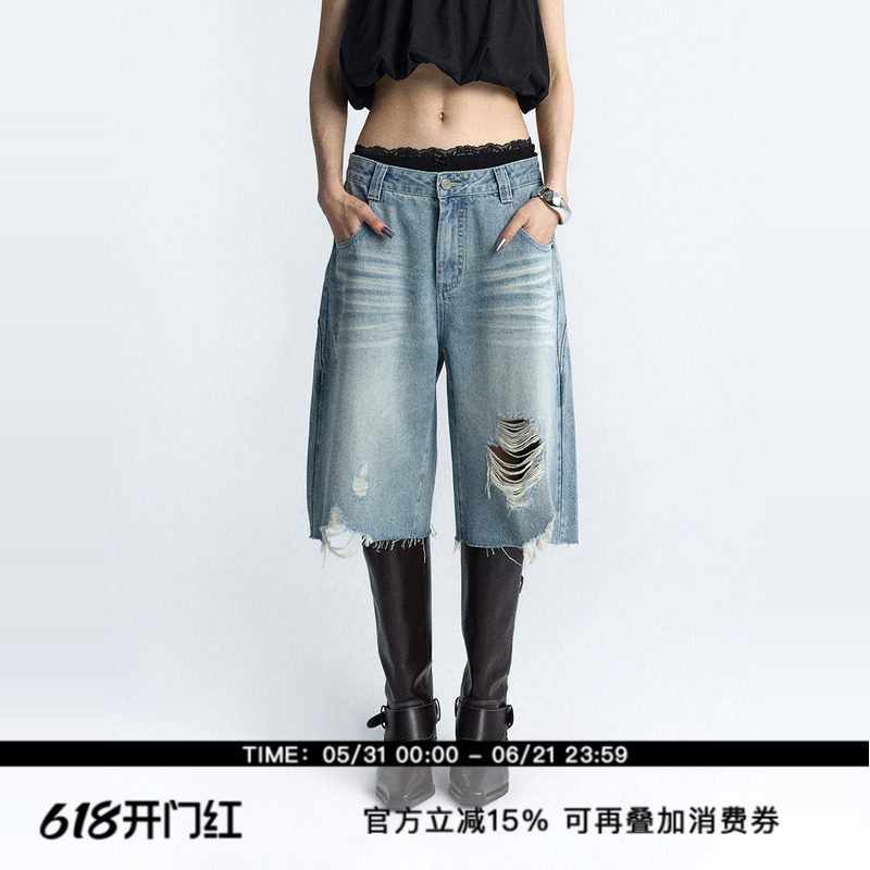 ourhour 水洗做旧 浅蓝色破洞毛边阔腿牛仔中裤 女夏设计感六分裤