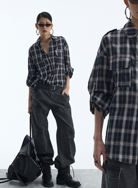 ourhour 复古格纹 黑色翻领双口袋宽松挽袖衬衫 女冬季微收腰上衣