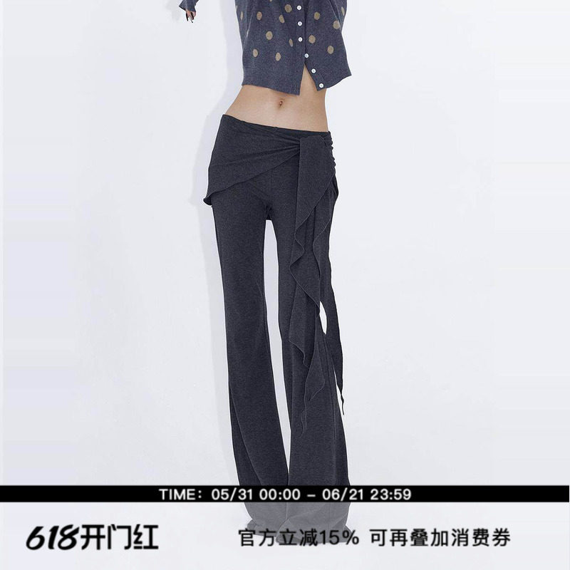 ourhour 假两件拼接 黑色荷叶边系带弹力瑜伽喇叭裤 女设计感裙裤
