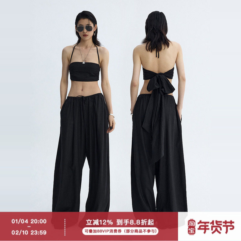 ourhour 大蝴蝶结绑带 黑色挂脖棉麻抹胸宽松阔腿裤 女夏休闲套装,女装/女士精品,时尚套装,淘宝优惠券,粉丝福利购,淘宝优惠卷