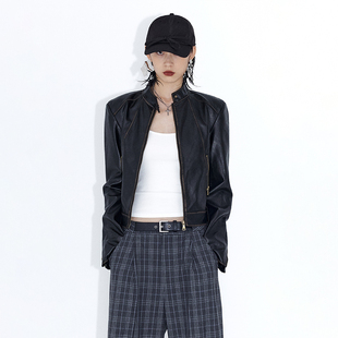 ourhour 复古做旧 棕色修身短款拉链皮衣外套 女秋设计感机车夹克