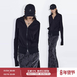 ourhour 正肩显瘦 黑色双拉链高领修身卫衣外套 女秋设计感开衫