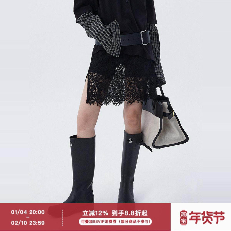 ourhour 睫毛蕾丝 黑色镂空蕾丝单侧开衩短裙 女冬设计感叠穿罩裙,女装/女士精品,半身裙,淘宝优惠券,粉丝福利购,淘宝优惠卷