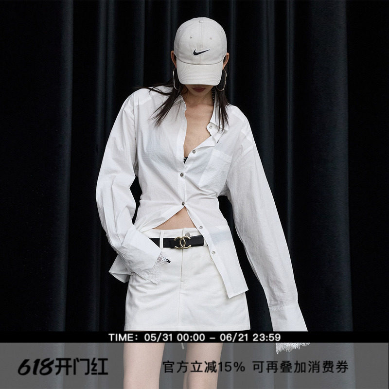ourhour 可收腰 白色袖口拼接蕾丝花边长袖衬衫 女秋肌理感衬衫