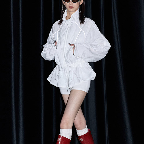 ourhour白色立领反光条收腰外套