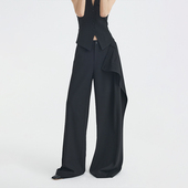 知识分子 女春设计感休闲裤 黑色斜拼错位宽松裤 西裤 裙式 ourhour