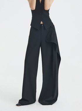 ourhour 知识分子 黑色斜拼错位宽松裤裙式西裤 女春设计感休闲裤