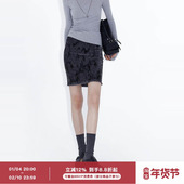 灰色丝绒下摆毛边包臀短裙 ourhour 斑驳印花 女冬设计感开衩长裙