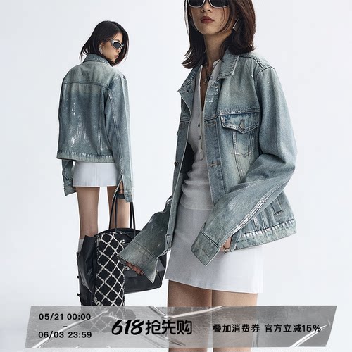 ourhour水洗蓝手工烫银牛仔外套