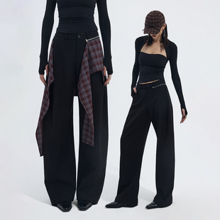 女设计感长裤 ourhour 裙帘宽松弯刀西裤 浆果红格衬衫 黑色可拆卸