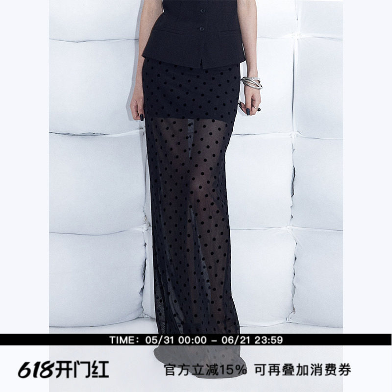 ourhour 植绒波点 黑色轻薄微透网纱长款半身裙 女夏季设计感长裙