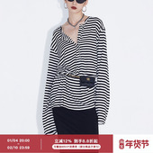 黑白条纹灰色亨利领T恤 ourhour 宽松慵懒 女秋设计感半开领上衣