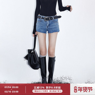 ourhour 复古水洗 蓝色中低腰显瘦毛边牛仔短裤 女夏季设计感热裤