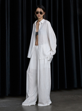 ourhour 薄款肌理感 白色黑色翻领宽松衬衫阔腿裤 女秋设计感套装
