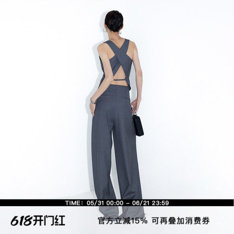 ourhour 交叉露背 深灰色V领西装马甲西裤套装 女夏设计感休闲装