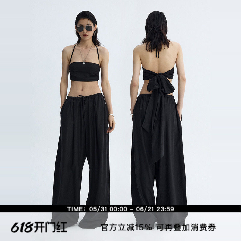 ourhour 大蝴蝶结绑带 黑色挂脖棉麻抹胸宽松阔腿裤 女夏休闲套装