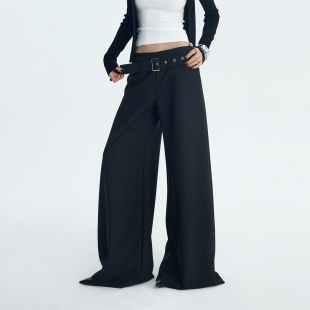 女冬设计感休闲长裤 黑色中低腰宽松阔腿拖地裤 可拆腰带 ourhour