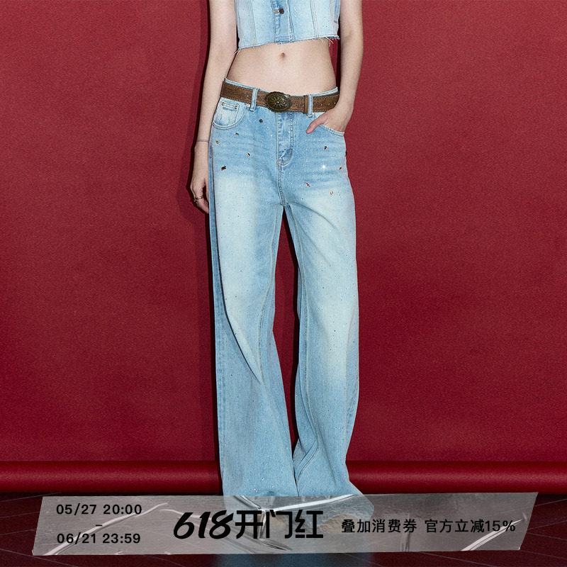 ourhour 满天星亮闪 浅蓝水洗手缝宝石钻宽松牛仔裤 女春设计感裤