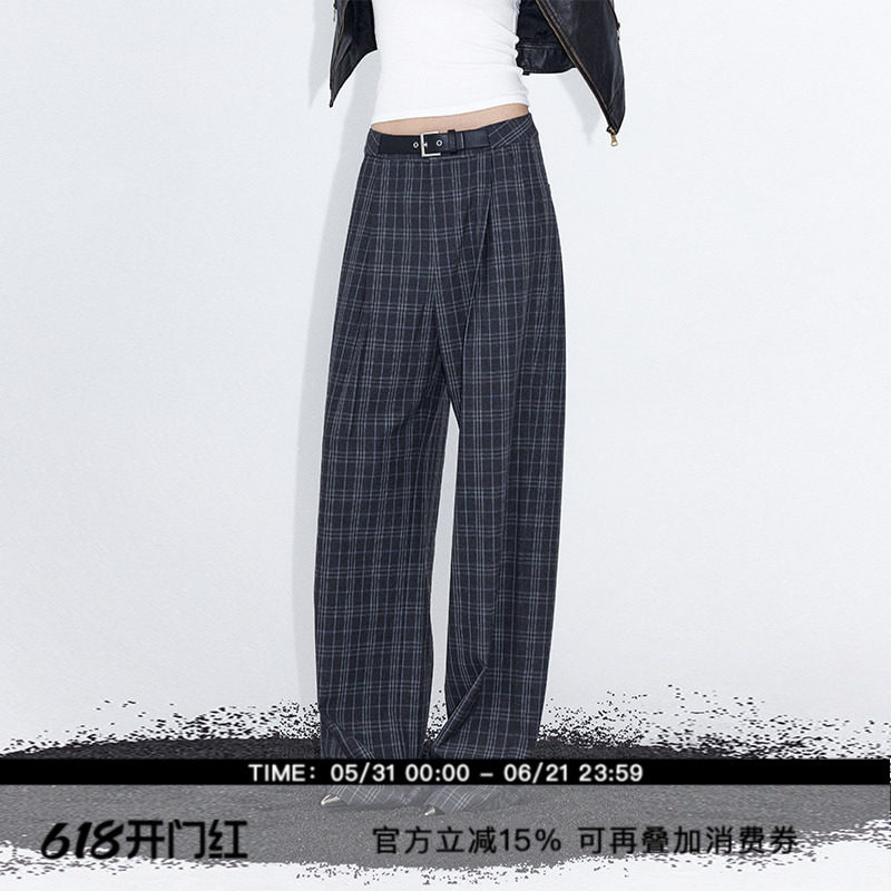 ourhour 蓝灰格纹 拼接皮带腰头捏褶宽松西裤 女秋设计感休闲长裤