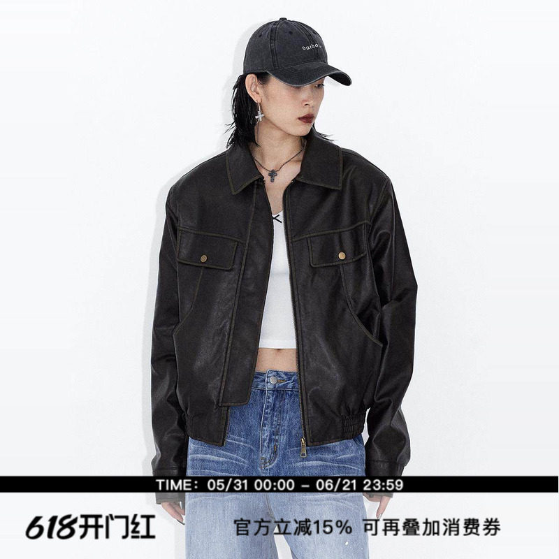 ourhour 洗褪做旧 复古棕色宽松皮夹克外套 女秋季设计感机车皮衣