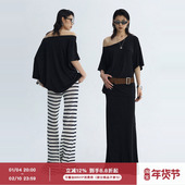 ourhour 女夏设计感薄T恤 上衣 一字斜肩 黑色大领口露肩宽松短袖