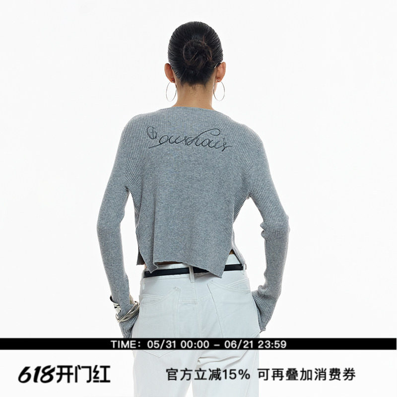 ourhour 后背刺绣 灰色V领短款羊毛混纺开衫 女秋设计感纯色毛衣
