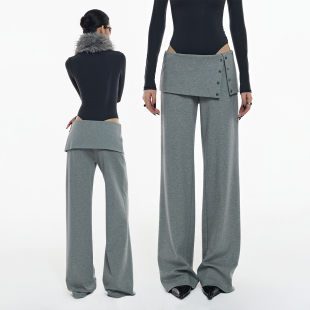 女春设计感长裤 纯色遮胯开衩屁帘宽松针织休闲裤 假两件 ourhour