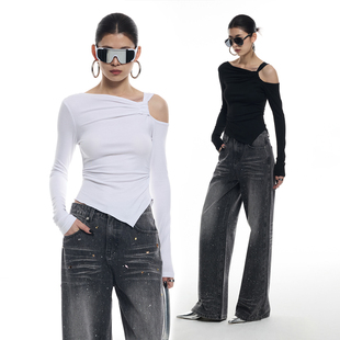 ourhour 黑白不规则下摆 2026春新品 设计感纯欲辣妹上衣 单侧露肩