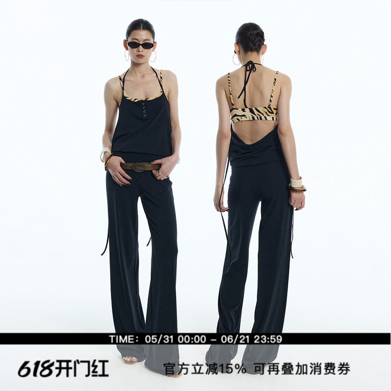 ourhour 雾黑可两穿慵懒松弛感背带裤女夏宽松显瘦直筒长裤