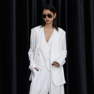 含麻宽松通勤春外套 高智感极简白色无领无扣西装 ourhour 老钱风