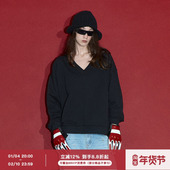 ourhour 设计感上衣 女冬季 宽松休闲 黑色V领螺纹边Athflow风卫衣