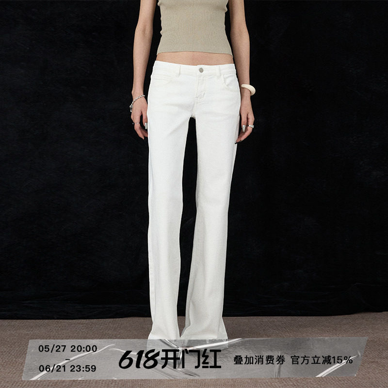 ourhour 后口袋刺绣 白色黑色中腰直筒微喇牛仔裤 女春设计感长裤