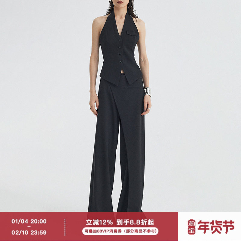 ourhour 知识分子 黑色削肩挂脖袋盖收腰马甲 女春夏设计感套装,女装/女士精品,时尚套装,淘宝优惠券,粉丝福利购,淘宝优惠卷