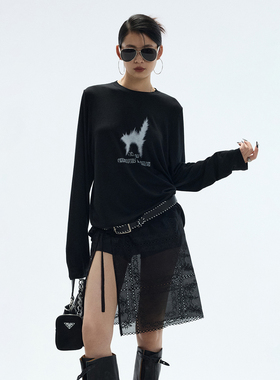 ourhour 莱赛尔面料 黑色灰色圆领炸毛猫印花长袖T恤 女秋打底衣