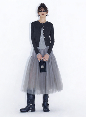 ourhour 节日限定 烟灰色分割碎褶重工多层蓬蓬纱裙 女百搭半身裙